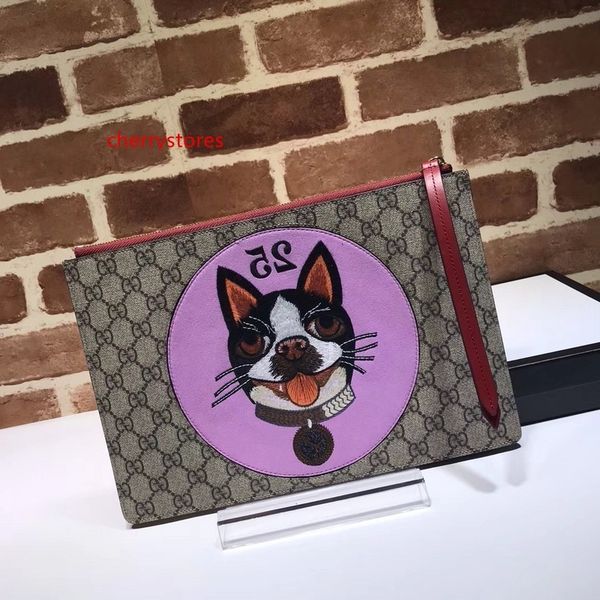 

2020 celebrity design letter embossing embroidery dog canvas clutch genuine leather canvas 506280 handbag