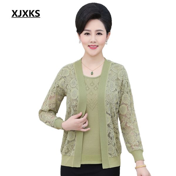 

xjxks fall 2020 fashion knitted sweaters female cardigans tricot jumper crocheted cardigans women elegant lace sweater set women, White