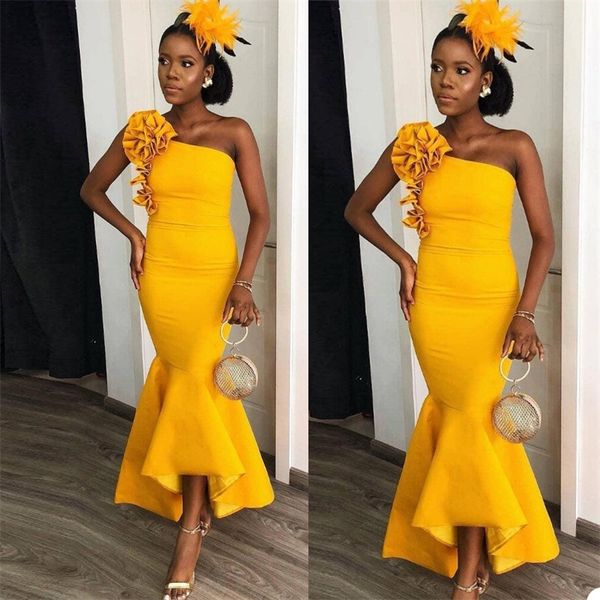

yellow evening dresses hand made flower sleeveless ruched satin sweep train formal party gowns custom made mermaid prom dress, Black;red