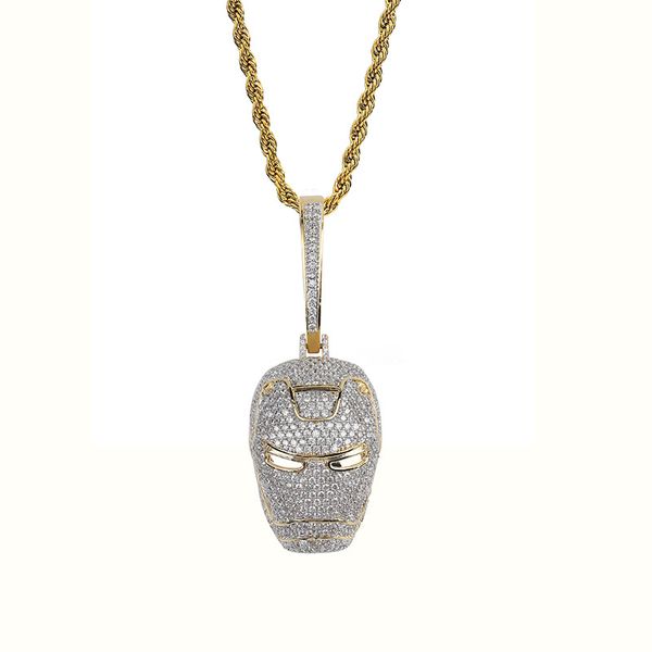 

hip hop micro paved cubic zirconia iced out bling cool iron man helmet pendants necklace for men rapper jewelry, Silver