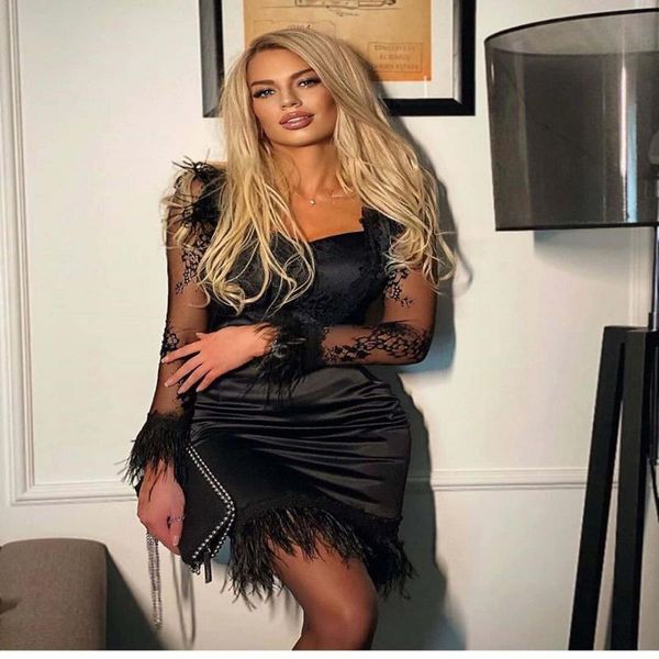 

2020 new autumn lace bandage dress elegant women feathers bandages dress bodycon celebrity evening party, Black;gray