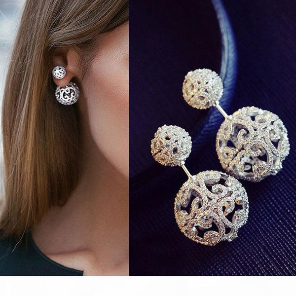 

luxury full micro cubic zirconia pave double sided hollow balls silver jacket earrings trendy costume jewelry j190630, Golden;silver