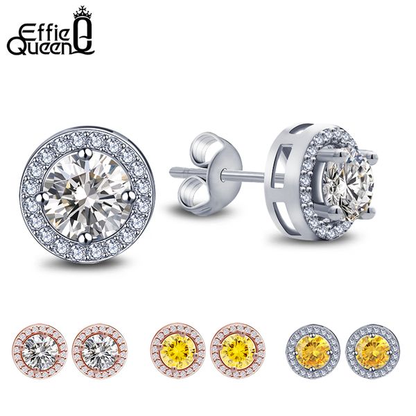 

effie queen women stud earrings cz zircon crystal stud with round yellow clear color stone small earring girl jewelry de104, Golden;silver