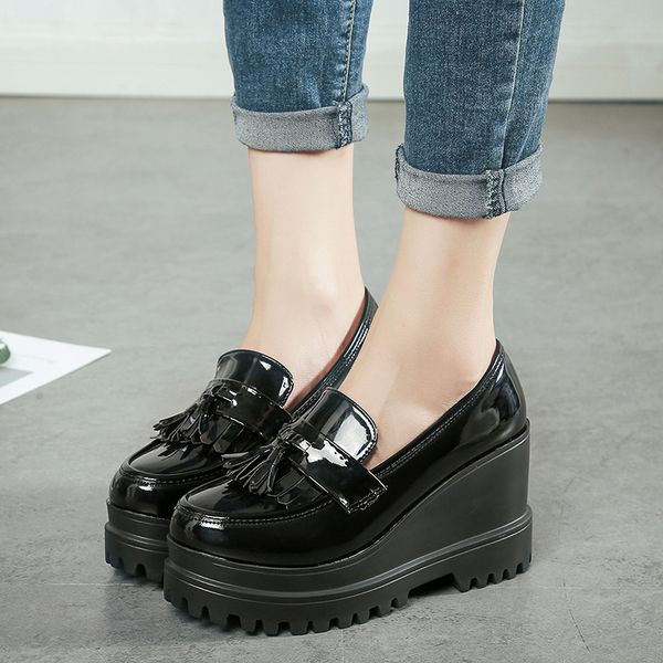 

new autumn ladies shoes women flats platform shoes casual creepers slip on loafers moccasins femme zapatos mujer, Black