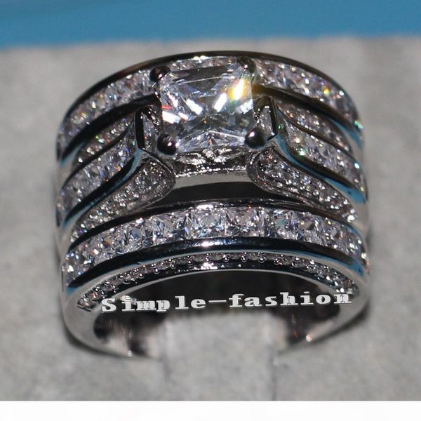 

vecalon fine jewelry princess cut 20ct cz diamond engagement wedding band ring set for women 14kt white gold filled finger ring, Slivery;golden