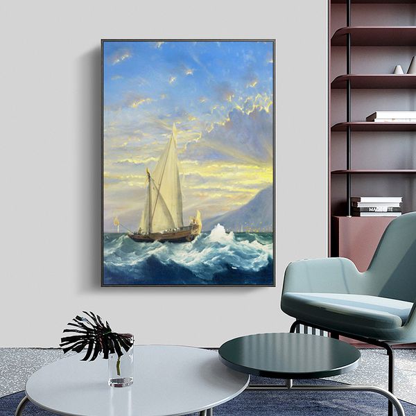 

classic sea waves sailboat oil painting canvas painting poster wall art pictures for living room home decor (no frame