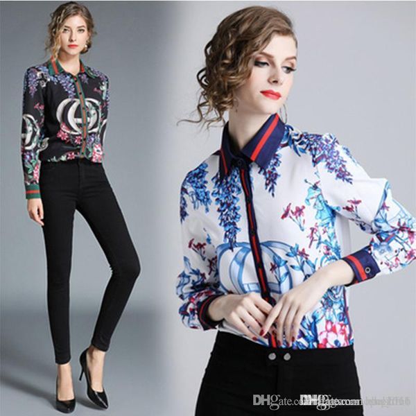 

женская рубашка повседневная хепберн ветер летняя мода рубашка печати polo воротник печати тонкий с длинным рукавом joker с длинным рукавом, White