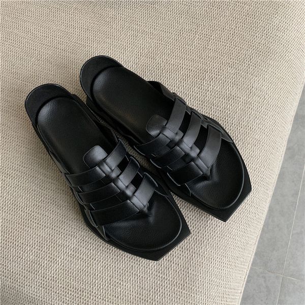 

sandals 2021 strappy slides outdoor flat platform flip flop black leather slippers summer beach shoes women