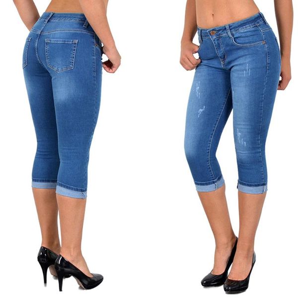 

plus size fashion summer women high waist skinny jeans knee length hole ripped denim capri slim streetwear stretch casual pants, Blue