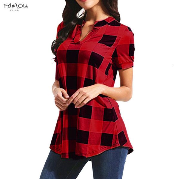 

ladies plus size harajuku summer v neck plaid printed short sleeve shirt women blouse fashion woman tee female shirt, White
