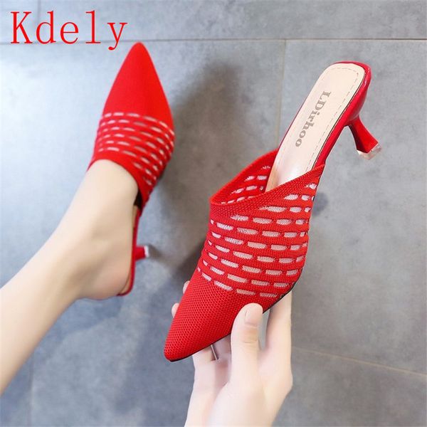 

mesh high heels 2020 spring autumn shoes women fashion square heel mules slip-on thin heels pumps size 34-39, Black