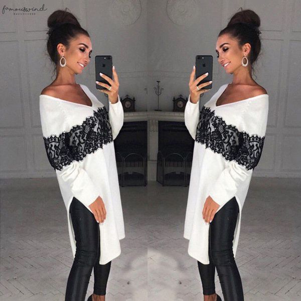 

fashion casual ladies women long sleeve cotton casual asymmetric loose long print blouse v neck, White