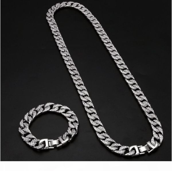 

men hip hop iced out bling full rhinstones chains gold silver long miami cuban link necklaces bracelet jewelry