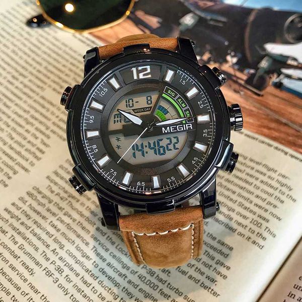 

megir men's digital analog quartz wristwatches dual display men sport watches clock hour relogio masculino reloj hombre, Slivery;brown