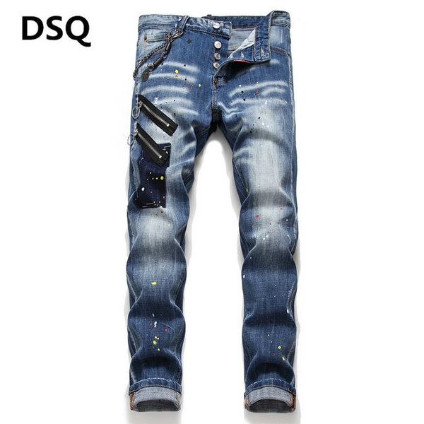 

wholesale 2020 new mens distressed ripped biker jeans slim fit motorcycle biker denim for men fashion hip hop mens jeans ~~f19, Blue