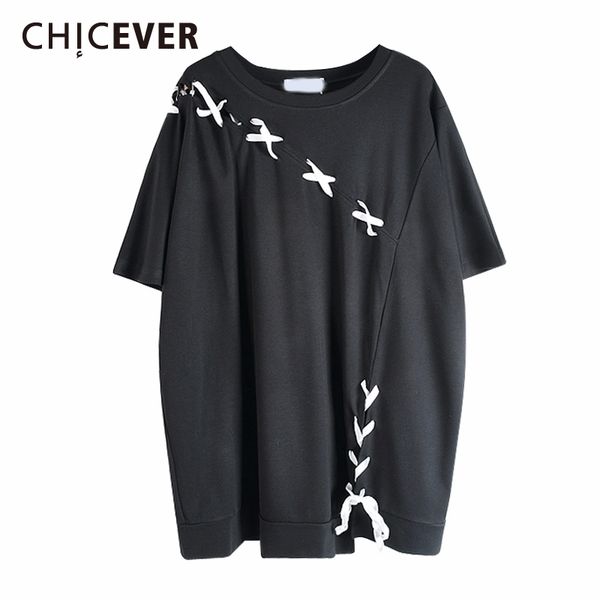 

chicever bandage bowknot t-shirt for women o neck short sleeve casual loose oversized shirts female 2020 summer clothes new, White