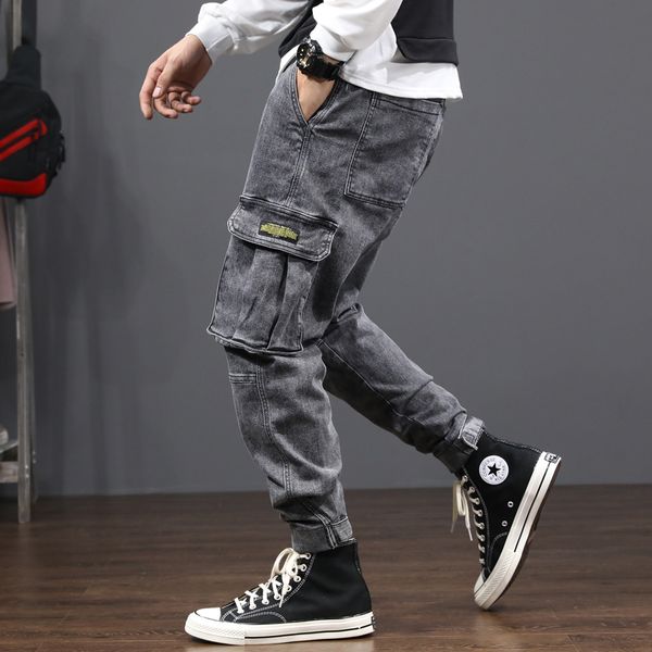 

japanese style fashion men jeans black gray loose fit big pocket cargo pants spliced designer hip hop jeans men harem trousers, Blue