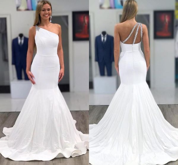 

charming one shoulder mermaid wedding dresses backless sweep train crystal beads long bridal gowns custom made, White