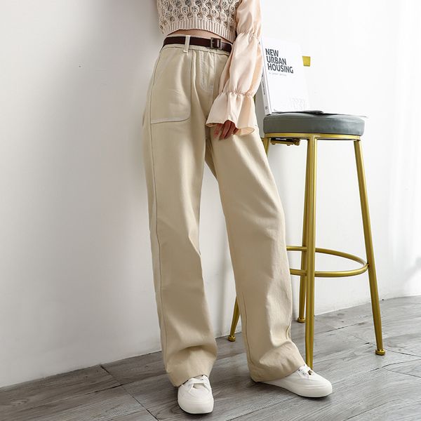 

2020 autumn ripped jeans for women sweet new trousers korean style bright line black wide leg pants women's high waist denim, Blue