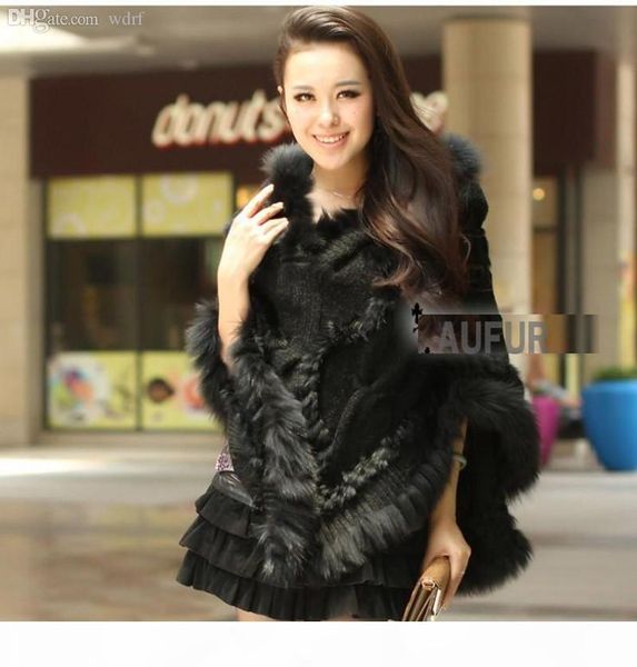 

wholesale-autumn winter woolen poncho women's casual knitted fur shawl real rabbit fur trim hood solid colour hooded pullover au00299, Blue;gray