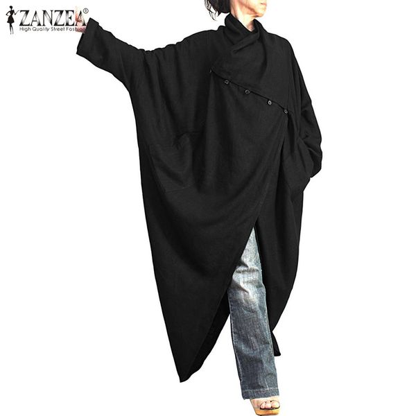 

fashion women long sleeve lapel high low shirt dress zanzea spring button front long sundress casual lapel neck kaftan vestido, Black;gray
