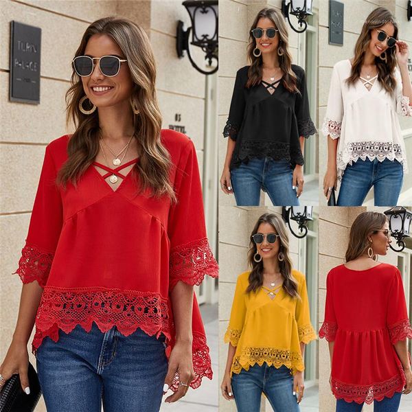 

tshirts half sleeve o neck pure color womens designer tees v neck breathable casual tees hollow out lace summer, White