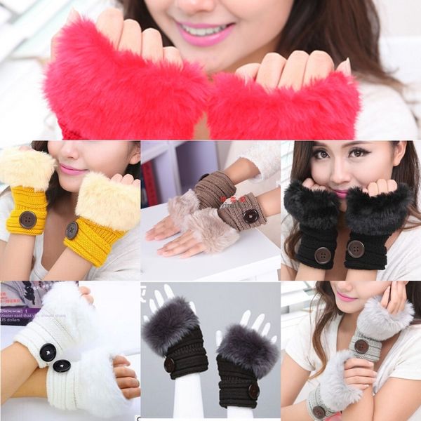

women's imitation rabbit fur warm and gloves threaded button half finger warm knitted wool wool gloves