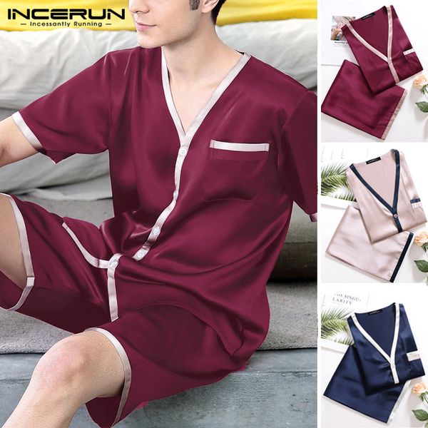 

2020 men pajamas sets fashion short sleeve soft shorts homewear patchwork pyjamas summer sleepwear sets breathable incerun, Black;brown
