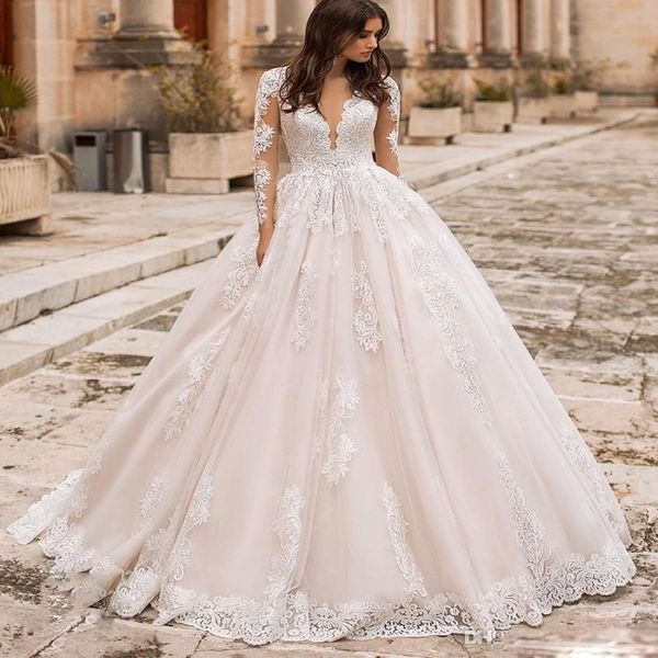 

pink wedding dresses princess men women bridal ball gowns long sleeves princess lace appliques wedding gowns petites plus size custom made, White