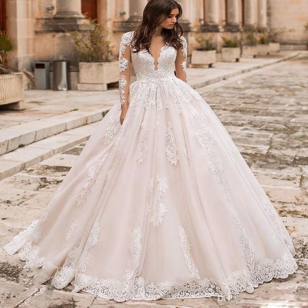 Rosa vestidos de casamento da princesa Homens Mulheres nupcial Bola de vestidos de mangas compridas Princesa Lace apliques de casamento Vestidos Petites Plus Size Custom Made