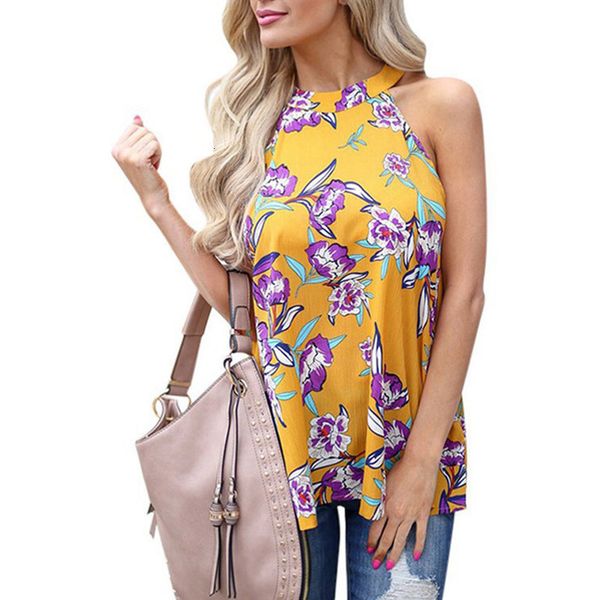 

elegant sleeveless halter womens chiffon blouses vintage floral printed summer boho beach shirts backless slim blusas mujer, White