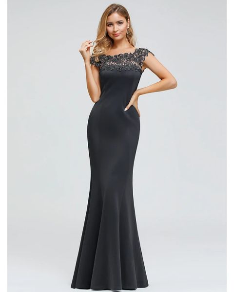 

mermaid / trumpet elegant formal evening dress jewel neck short sleeve floor length spandex polyester with appliques, Black;red