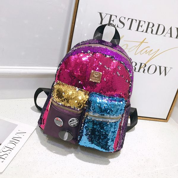 

season new super fire 2019 sequins sequins backpack women's large capacity contrast color backpack all-match fashion