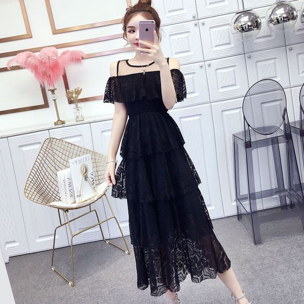 

dress summer 2020 new off-shoulder lace mesh off-shoulder cake white long skirt summer ladies, White;black