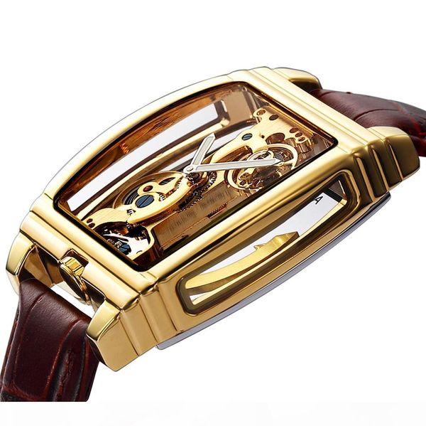 

2019 creative dial automatic mechanical watches men steampunk skeleton self winding leather mens clock watch, Slivery;brown