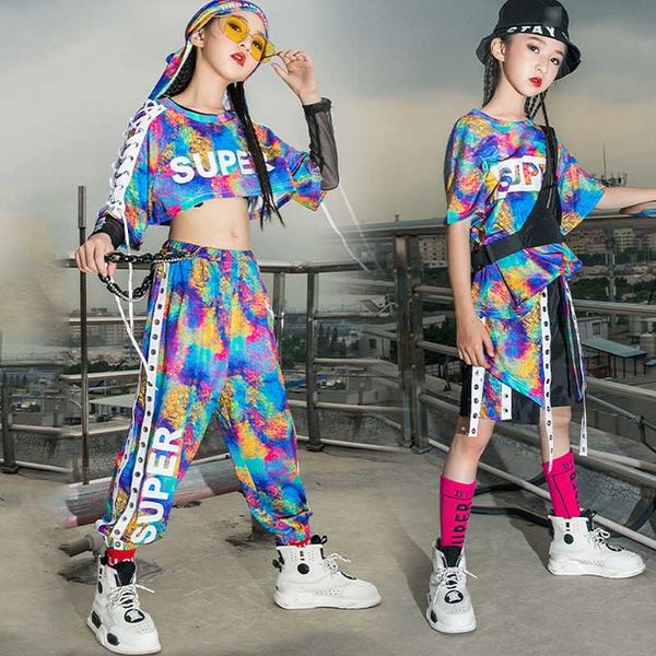 

stage wear children hip hop street costumes colorful loose performance suit boys girls kids ballroom rave clothes db2157, Black;red