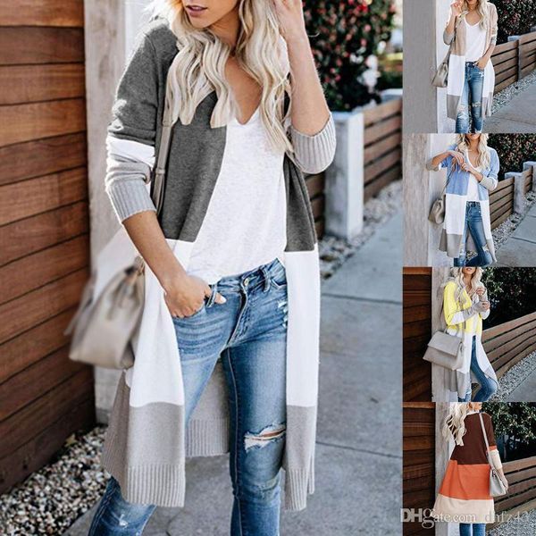 

sfit 2020 spring women sweater striped color block draped loose cardigan long sleeve casual knit sweater coat, White