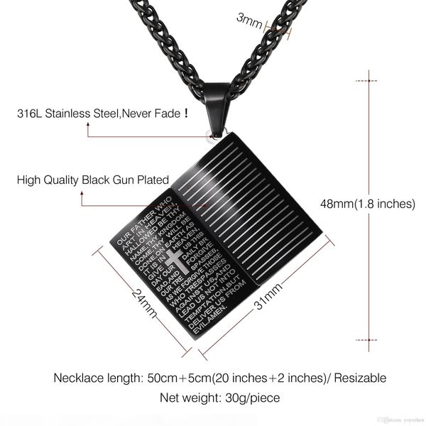 

bible cross pendant necklace durable 316l stainless steel 18k real gold plated bible verse jewelry 3 colors optional, Silver