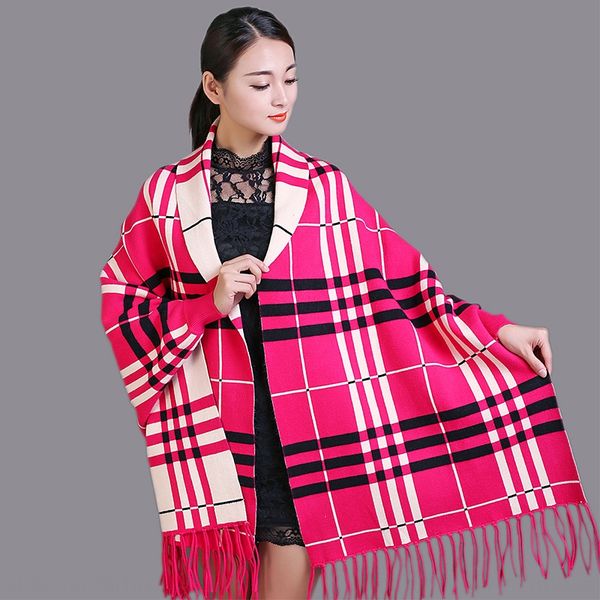 

plaid scarf shawl dual-purpose women's thickened season scarf knitted cloak coat with sleeves outer double-sided cloak, Blue;gray