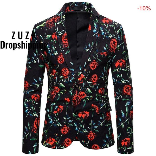 

zuzk autumn & winter new arrival fashion men's suit rose print suit men's loose casual lapel collar shirt ing, White;black