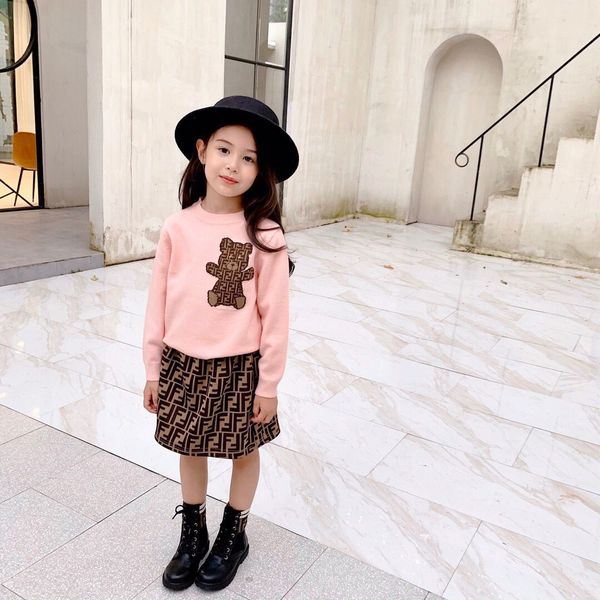 

2020 autumn winter toddler kids baby girls clothes set knit sweaters sweaters with skirt 2pcs outfits warm suit set, White