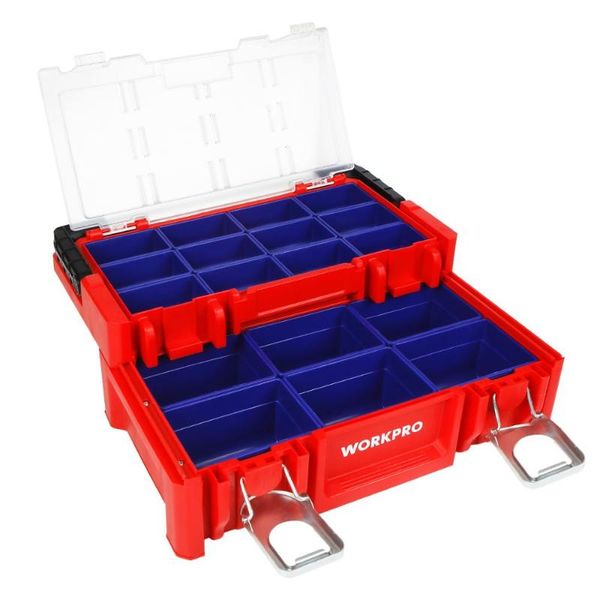 

workpro 17-inch plastic tool box 18 adjustable compartments red storage box with locking lid and stainless steel handle