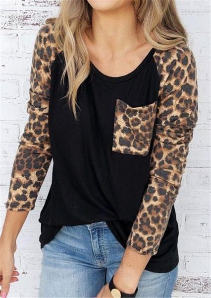 

leopard t shirt women pocket tee autumn spring long sleeve tee shirts casual loose female lady raglan sleeve tshirt, White