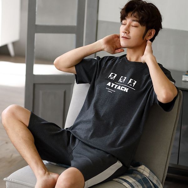 

peiyan men's home clothes thin new cotton casual outerwear short-sleeved home clothes shortscoat shorts shorts pajamas two-piece suit, Black;brown