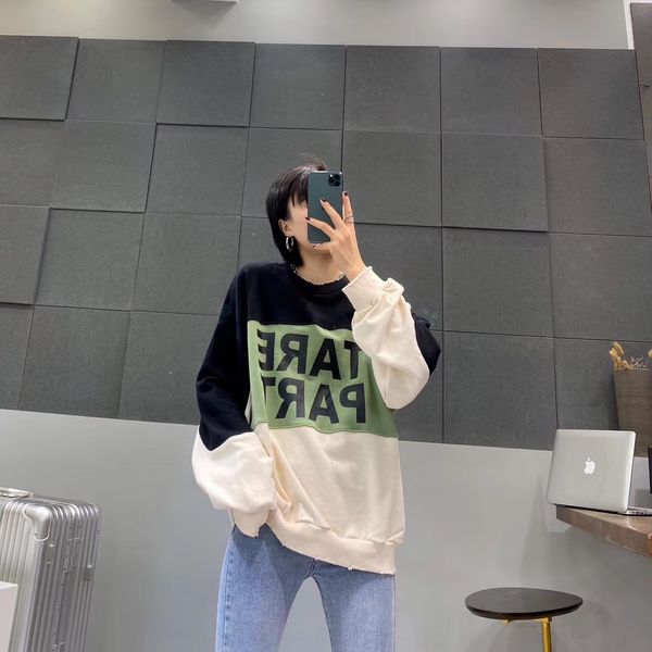 

yjkgj spring and autumn new korean style casual all-match letter sweater printing color matching worn edge loose round neck sweater women&#0, Black