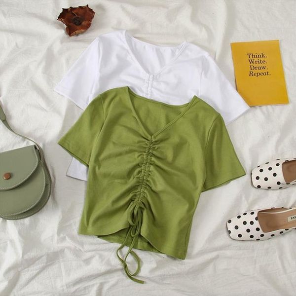 

womens t shirt new clothes harajuku ropa mujer kpop tee vintage dropshipping vegan short tight body green drawstring shirt, White