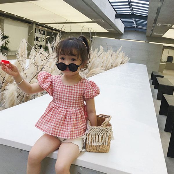

summer 2020 new doll shirt korean style girls' western short-sleeved doll shirt children's plaid backless bubble sleeve top, Blue