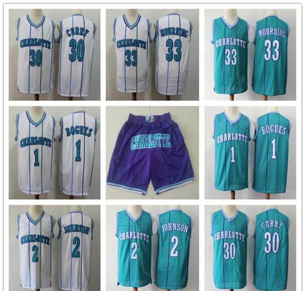 

mens charlotte hornets throwback 33 alonzo mourning 2 larry johnson 1 bogues 30 dell curry basketball shorts basketball jerseys blue, Black;red