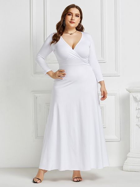 

женщины v шеи платье партии плюс размер длинные рукава талии вниз твердые формальные платья женские, White;black