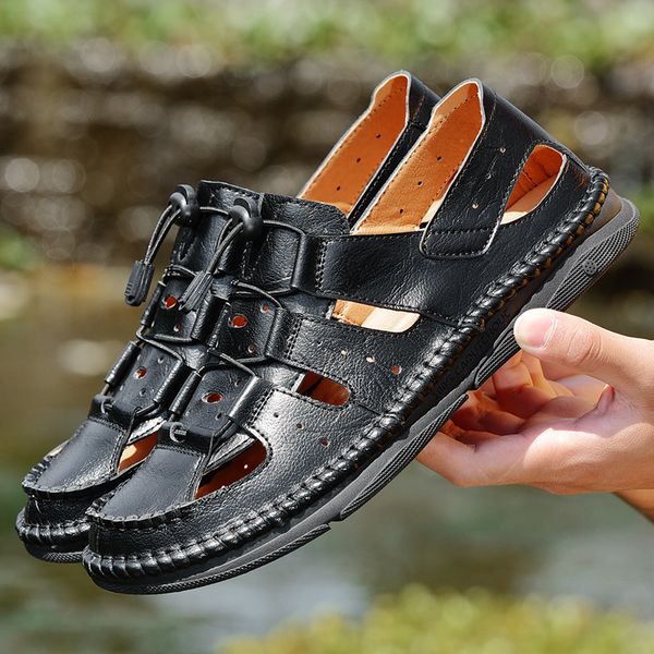 

sandals 2021 men sandal fashion summer luxury genuine leather leisure beach shoes mens sandalias footwear 38-44, Black